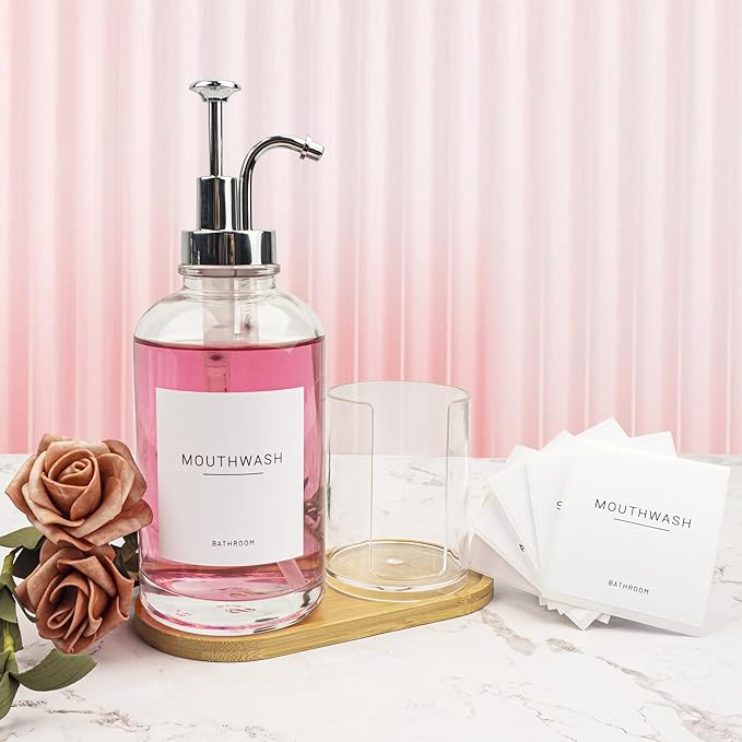 17OZ Mouthwash Clear Glass Pump Dispenser with Disposable Mouthwash Cups Holder Refillable Clear Container with Bamboo Tray, Mouthwash Labels