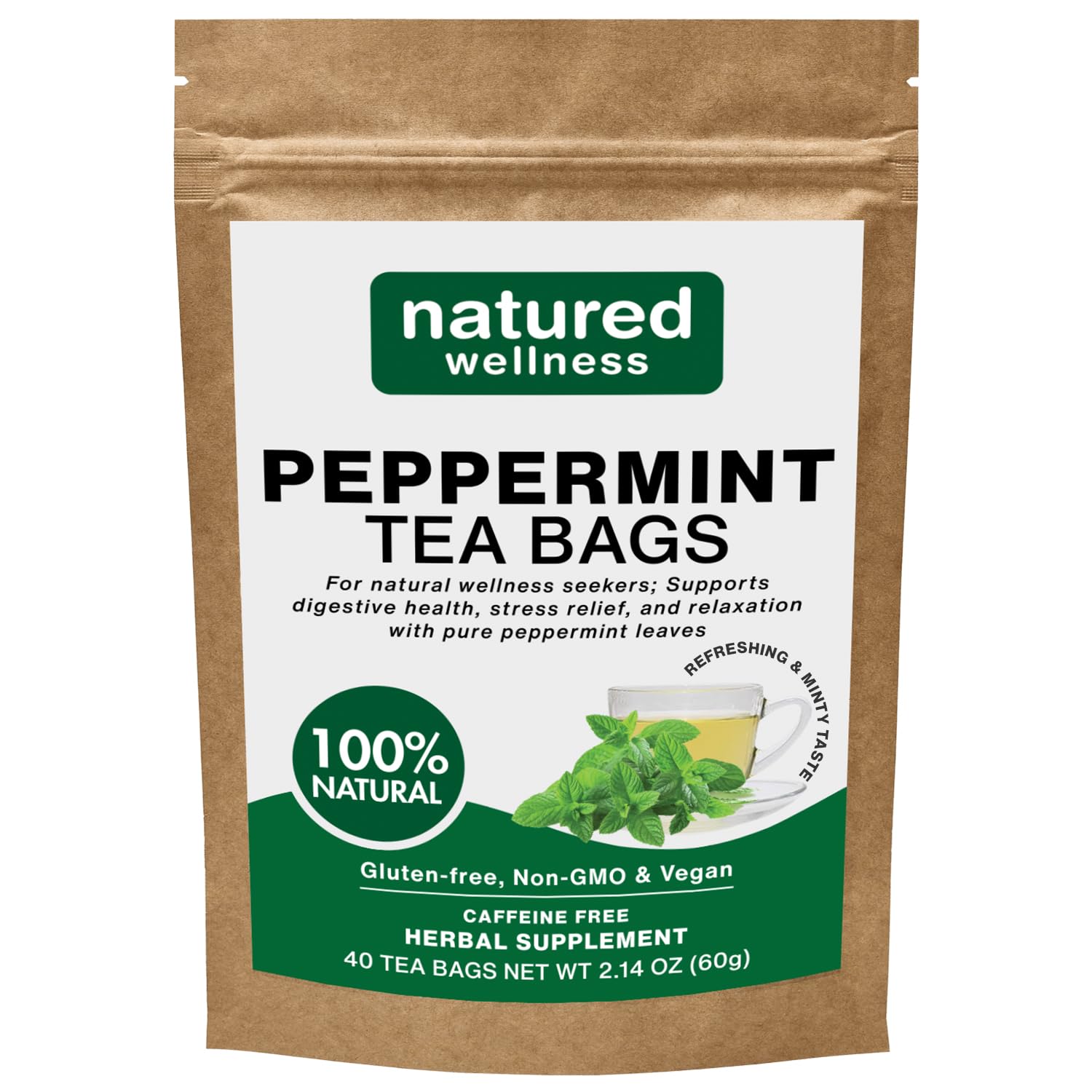 Natured Wellness Peppermint Tea Bags (Te De Menta) – Herbal Tea to Support Digestive Health, Sleep, and Relaxation – with Pure Peppermint Leaves – Non-GMO, Caffeine-free – 40 Teabags