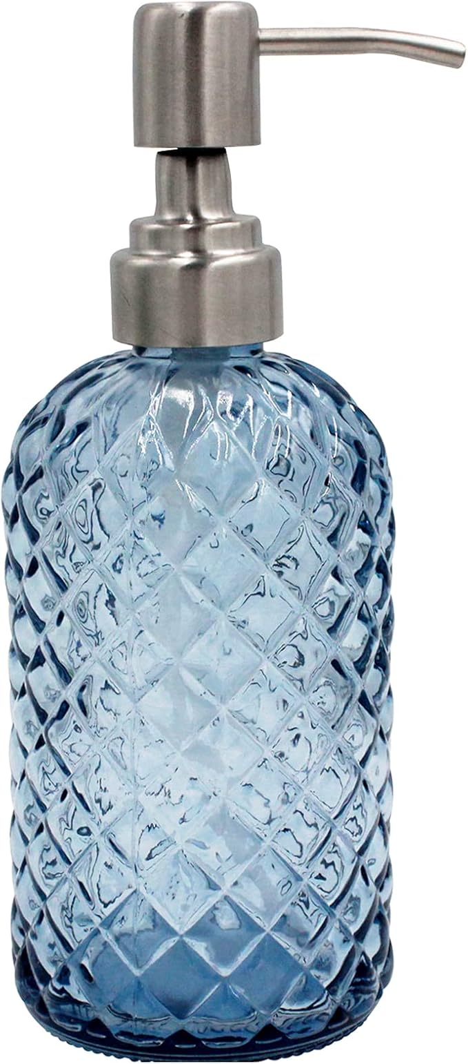 16 oz Diamond Pattern Glass Soap Dispenser, Kitchen and Bathroom Refillable Soap Dispenser with Rust Resistant Stainless Steel Pump for Hand Soap, Lotion Glass Liquid Dispenser (Blue)