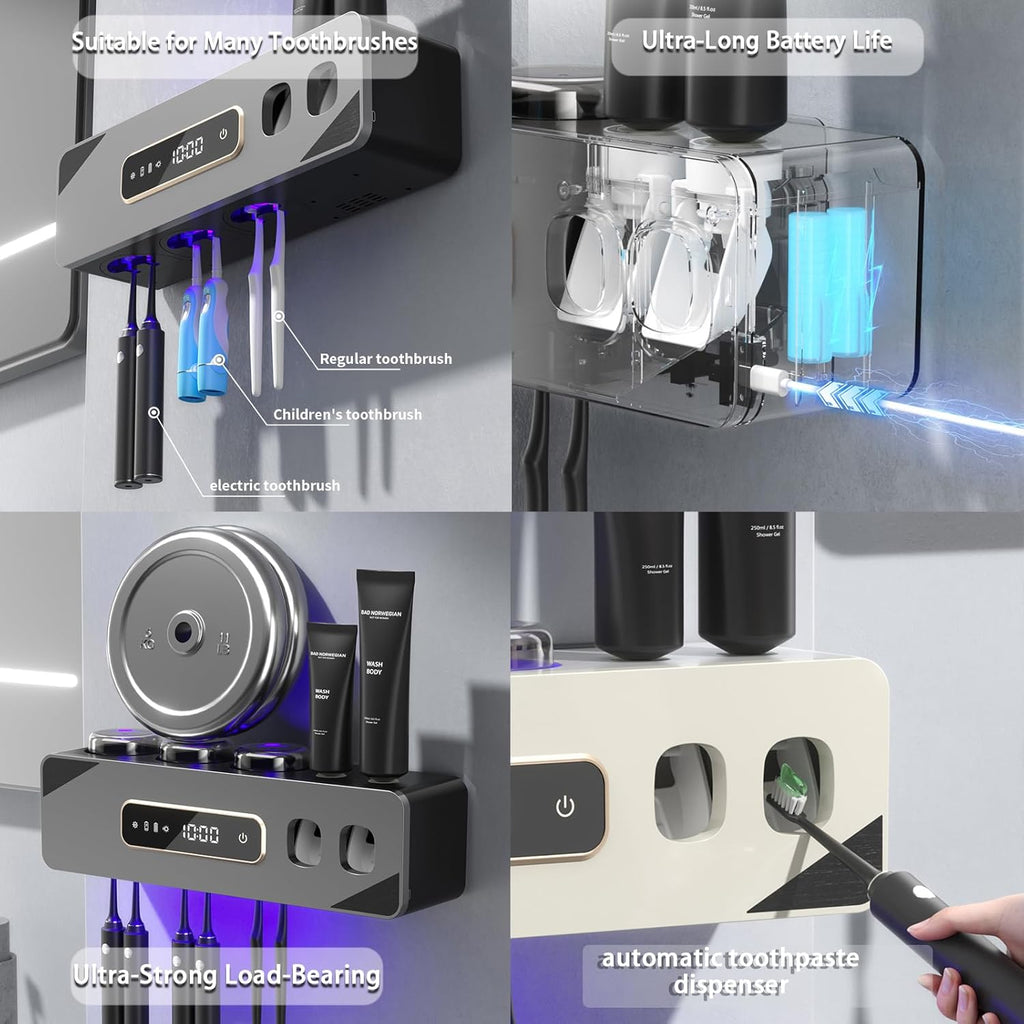 Automatic Toothpaste Dispenser,Rechargeable Toothbrush Holders for Bathrooms,3 Cups Electric Toothbrush Holder Wall Mounted with Toothpaste Dispenser Bathroom Decor (Grey)