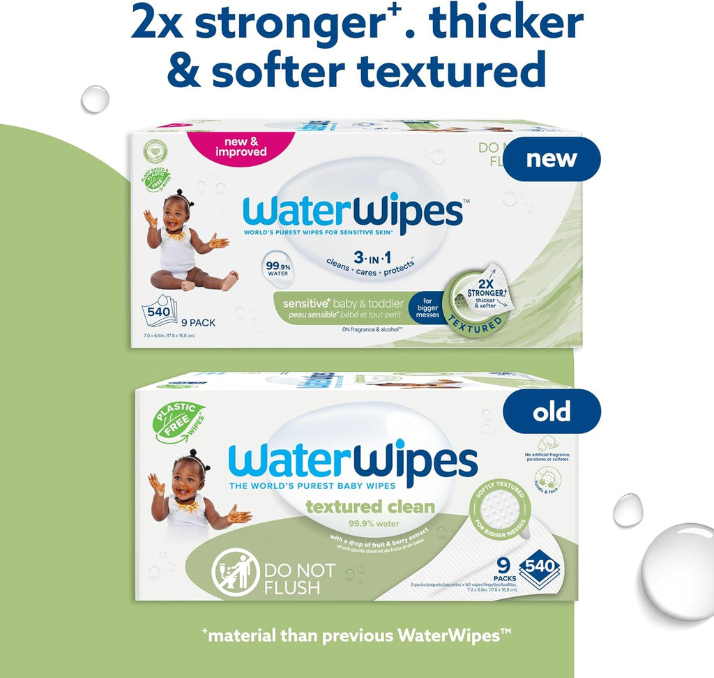 WaterWipes Sensitive+ Baby & Toddler Wipes, 3-In-1 Cleans, Cares, Protects, 99.9% Water, Textured Clean, Unscented & Hypoallergenic, 540 Count (Pack of 9)