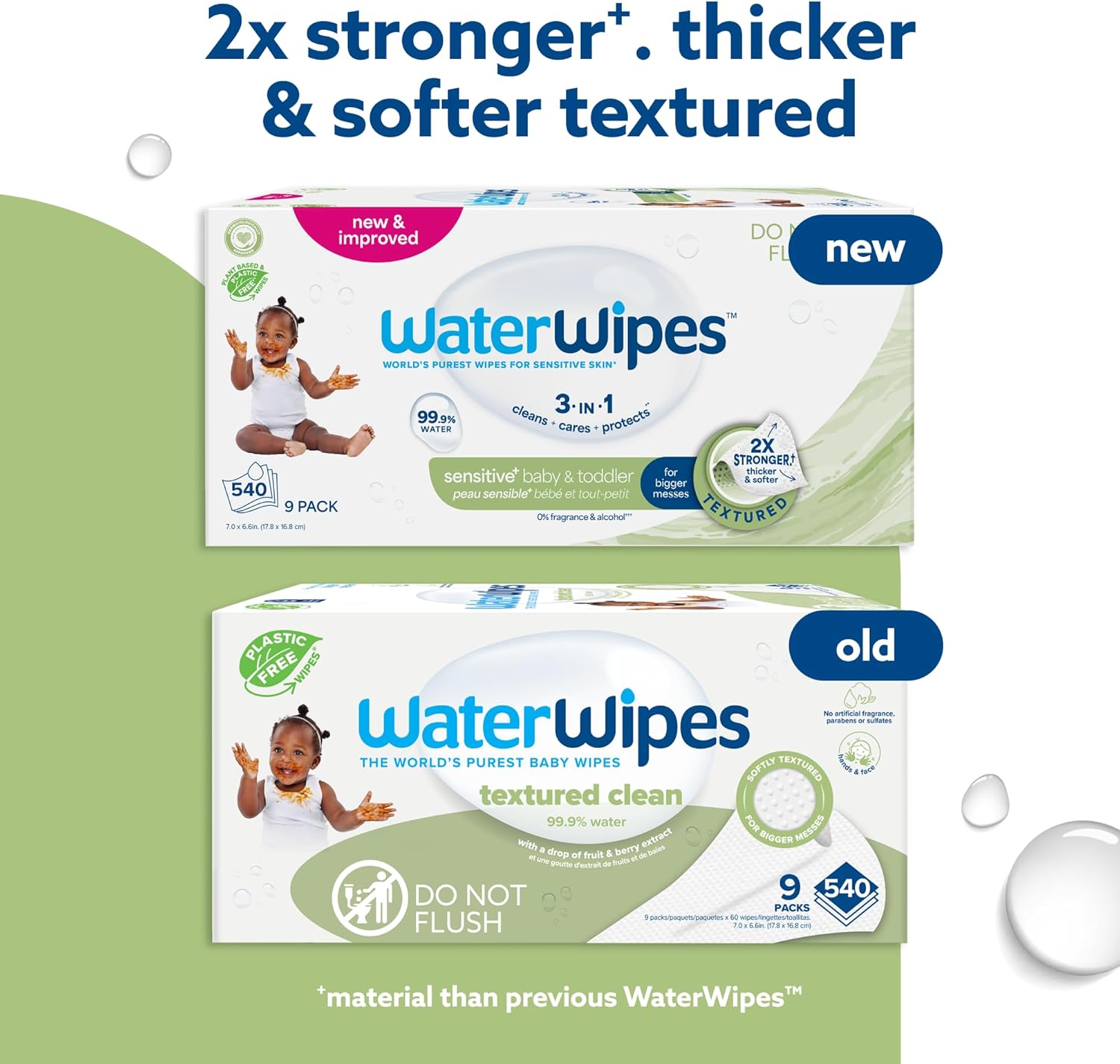 WaterWipes Sensitive+ Baby & Toddler Wipes, 3-In-1 Cleans, Cares, Protects, 99.9% Water, Textured Clean, Unscented & Hypoallergenic, 540 Count (Pack of 9)