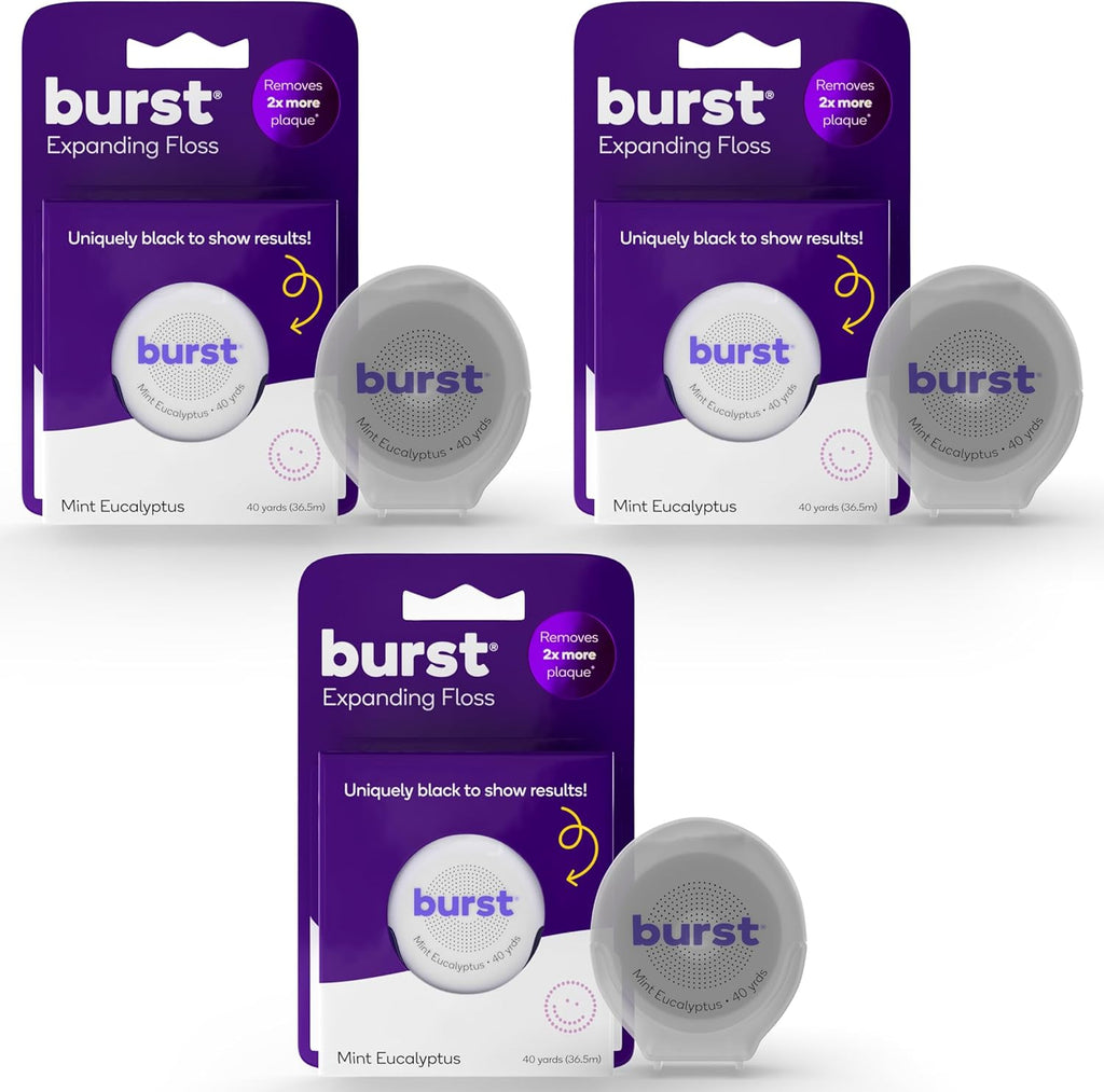 Burst Expanding Dental Floss (Mint Eucalyptus/120 Yards) | Stain Absorbing & Woven Tooth Floss with Xylitol Coating to Fight Cavities | Vegan | Paraben Free Expanding Floss