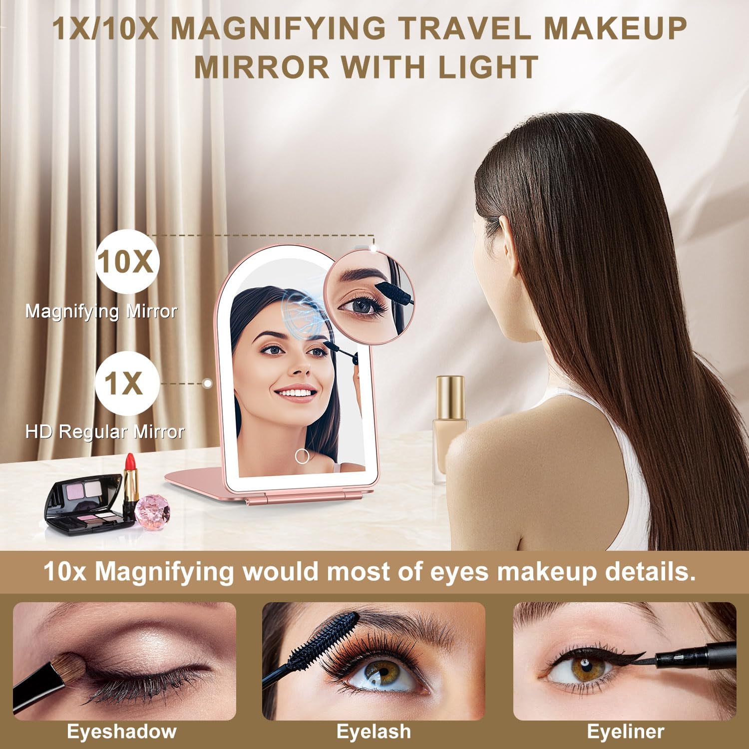 Mocado Travel Makeup Mirror with Light, 1x/10x Magnifying Mirror with Light, 3 Colors Lighted Magnifying Mirror, 2000mAh Rechargeable Lighted Makeup Mirror, Memory Function (Arched-Rose Gold)