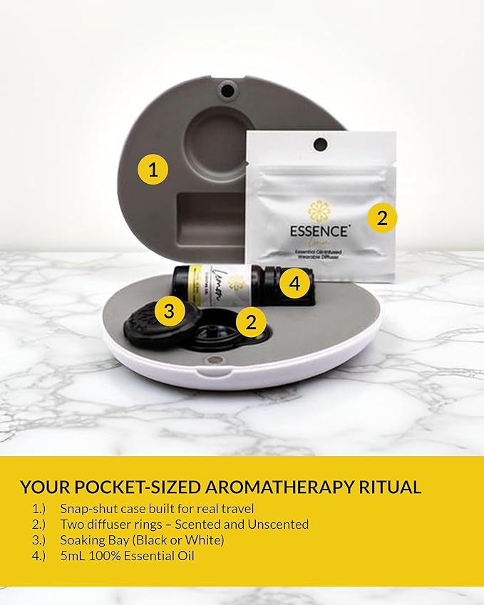 Essence Pearl Travel Case - Wearable Aromatherapy Kit with Nasal Diffuser Rings, Soaking Bay, and 5mL Essential Oil – Portable Wellness Gift Set for On?The?Go Self Care