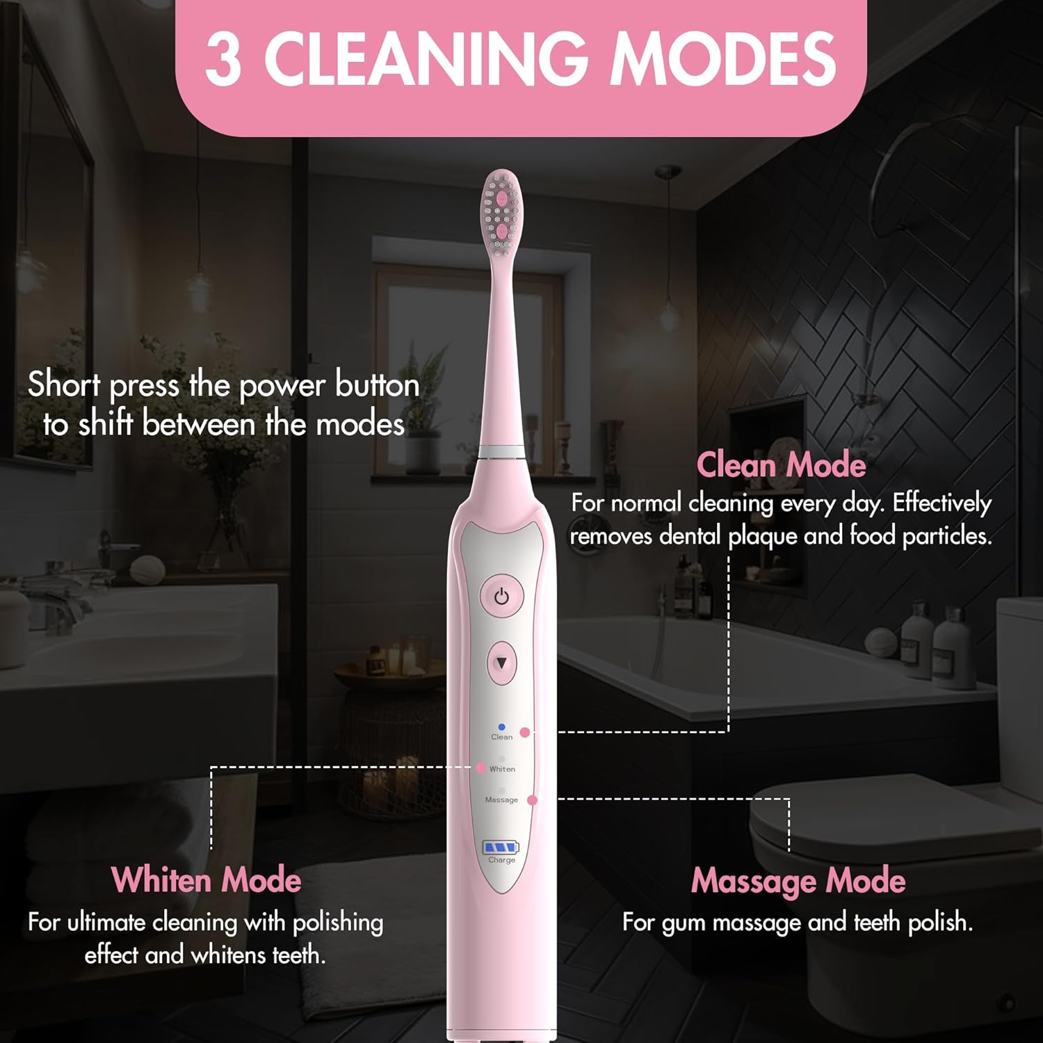 Sonic Electric Toothbrush for Adults with 5 Toothbrush Replacement Heads, 3 Brushing Modes & 2 Minutes Built-in Timer, Travel Toothbrushes with Inductive Charging, Rechargeable toothbrush | Pink
