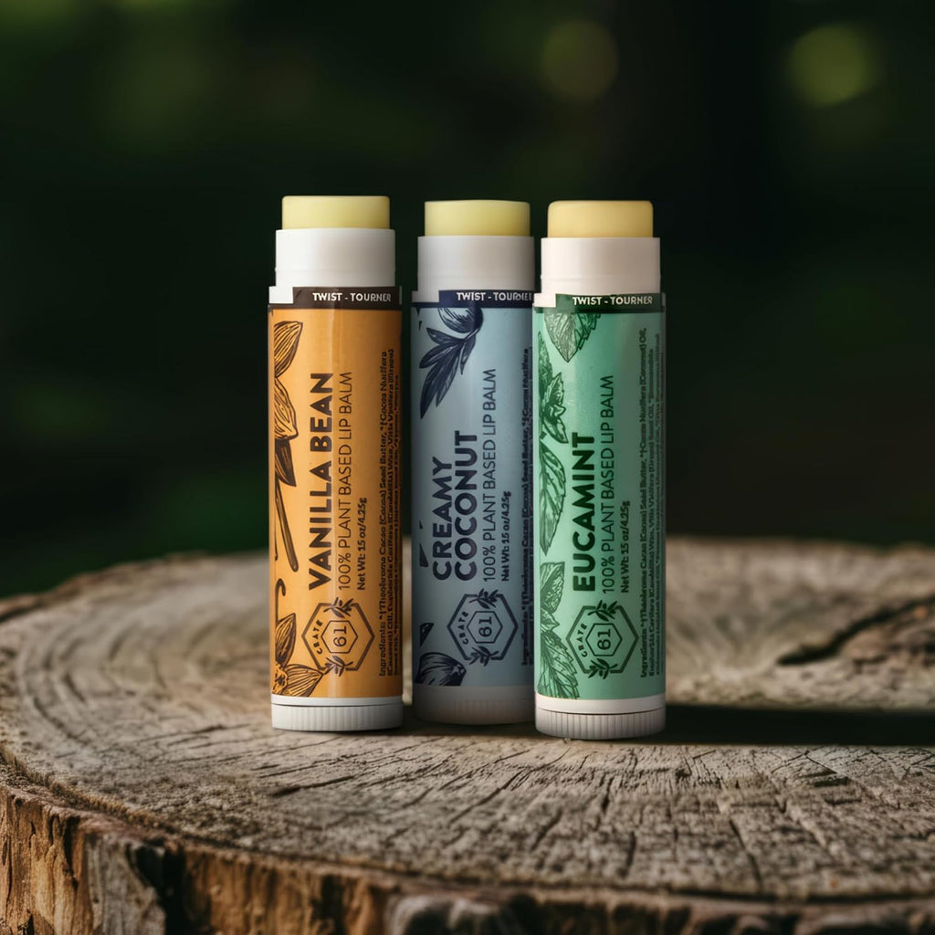 Crate 61 Lip Balm 3-Pack with USDA Organic ingredients Flavored with Premium Essential Oils and Organic Flavors, for Men and Women (3 Pack, Medley)