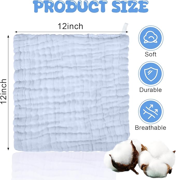 Breling 20 Pcs Baby Muslin Washcloth 12 x 12 Inch 100% Cotton Soft and Absorbent Muslin Washcloth Burp Cloth Wipe Newborn Face Towel for Baby Boy Girl Sensitive Skin(White, Light Blue, Blue)