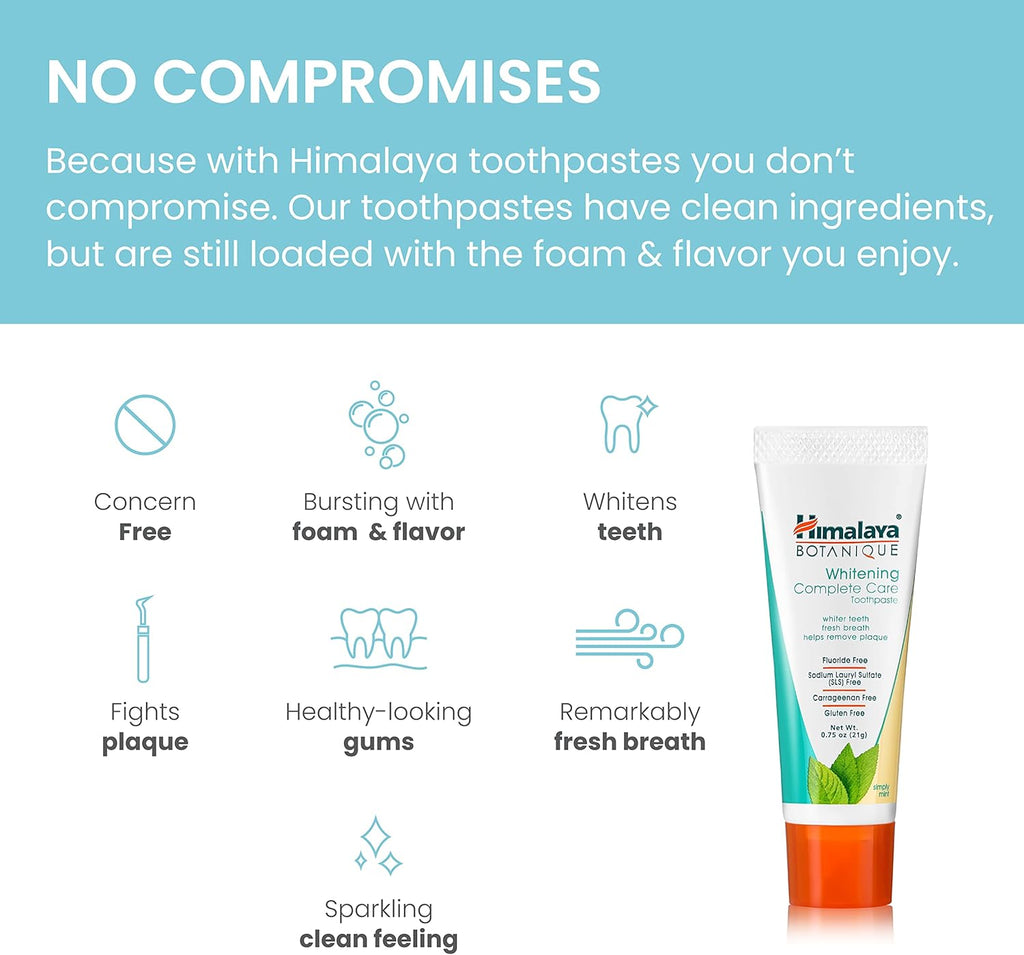 Himalaya Botanique Whitening Complete Care Travel Toothpaste, Mint - Travel Size Whitening Toothpaste Without Fluoride for Brighter Teeth & Fresh Breath - Vegan, 0.74 oz (Pack of 10)