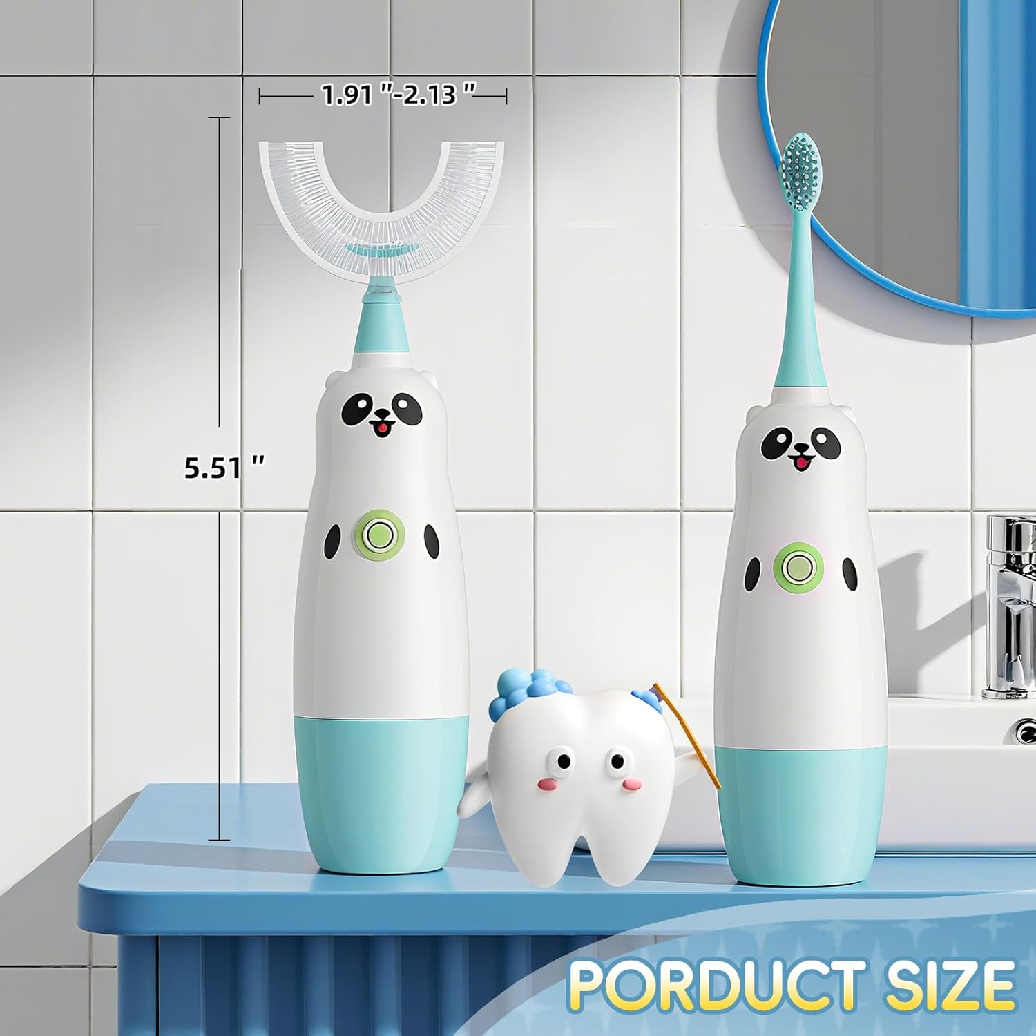 Kids U-Shaped Electric Toothbrush with 2 Brush Heads, Toddlers Sonic with 360 Degree Cleaning, Soft Bristles, Battery Included, IPX7 Waterproof, Cute cartoon for Girls and Boys, Ages 8-13 (Blue)