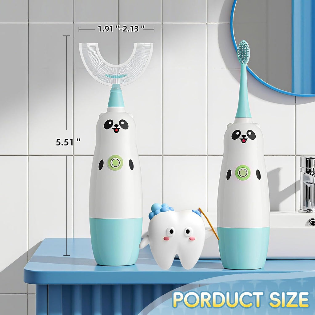 Kids U-Shaped Electric Toothbrush with 2 Brush Heads, Toddlers Sonic with 360 Degree Cleaning, Soft Bristles, Battery Included, IPX7 Waterproof, Cute cartoon for Girls and Boys, Ages 2-7 (Blue)