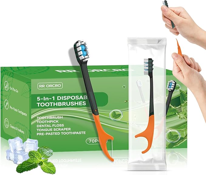 70Pack Disposable Toothbrush with Toothpaste All-in-One Oral Care Prepasted Individually Wrapped 5-in-1 Mini Toothbrush with Toothpick, Flosser, Tongue Cleaner, Perfect for Travel & On-The-Go (70P)