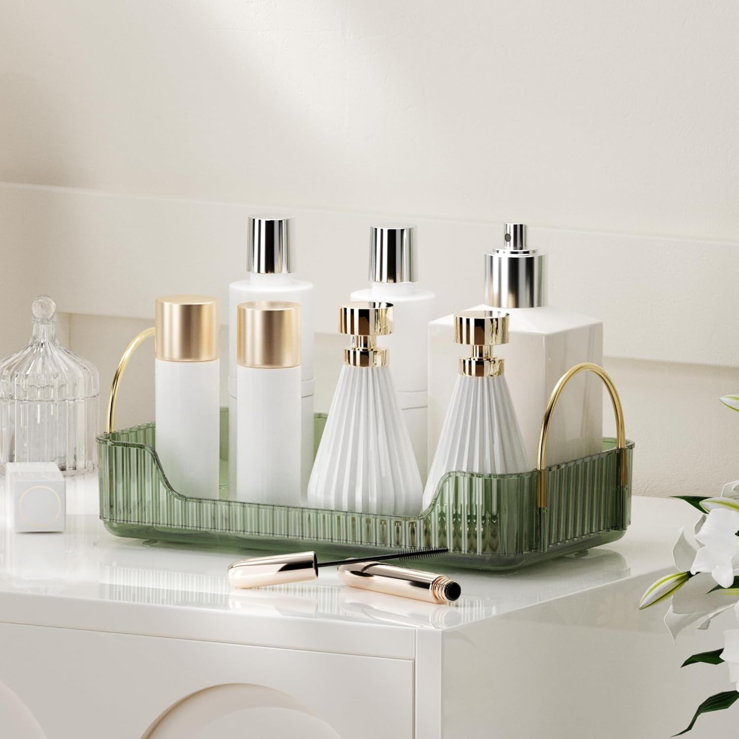 YCIA&DONE Bathroom Organizer Countertop, Makeup Storage, Skincare Cosmetic Tray Shelf, Perfume Holder Rack for Vanity Counter, Large Capacity, Easy to Install, Clean, 1 Tier, Vintage Green