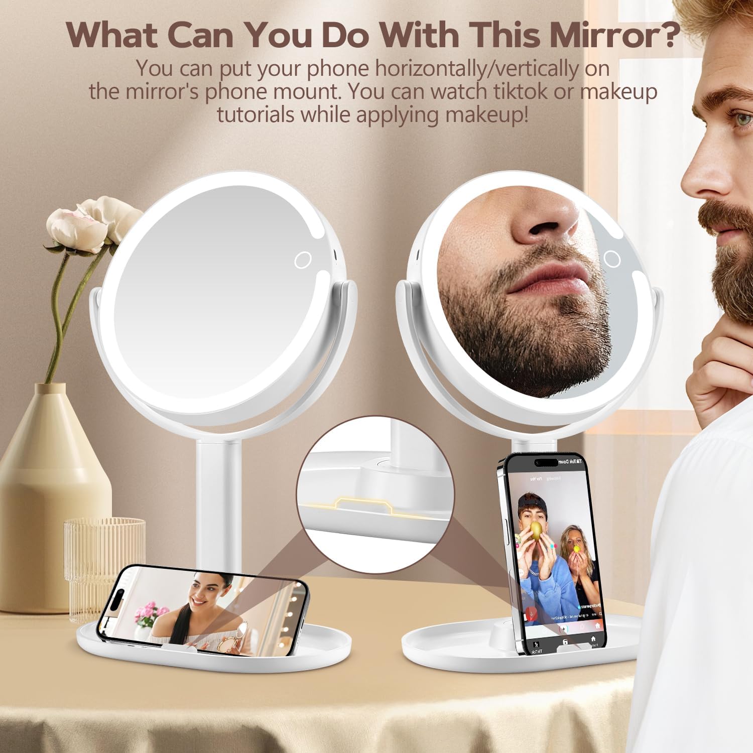 MIYADIVA Makeup Mirror with Lights, 30X Magnifying Mirror with 2-Sided Switch, Vanity Mirror with 3 Colors and Adjustable Brightness, 80 LEDs, Ideal Gift for Daily Makeup and Skincare, 8.8 Inches