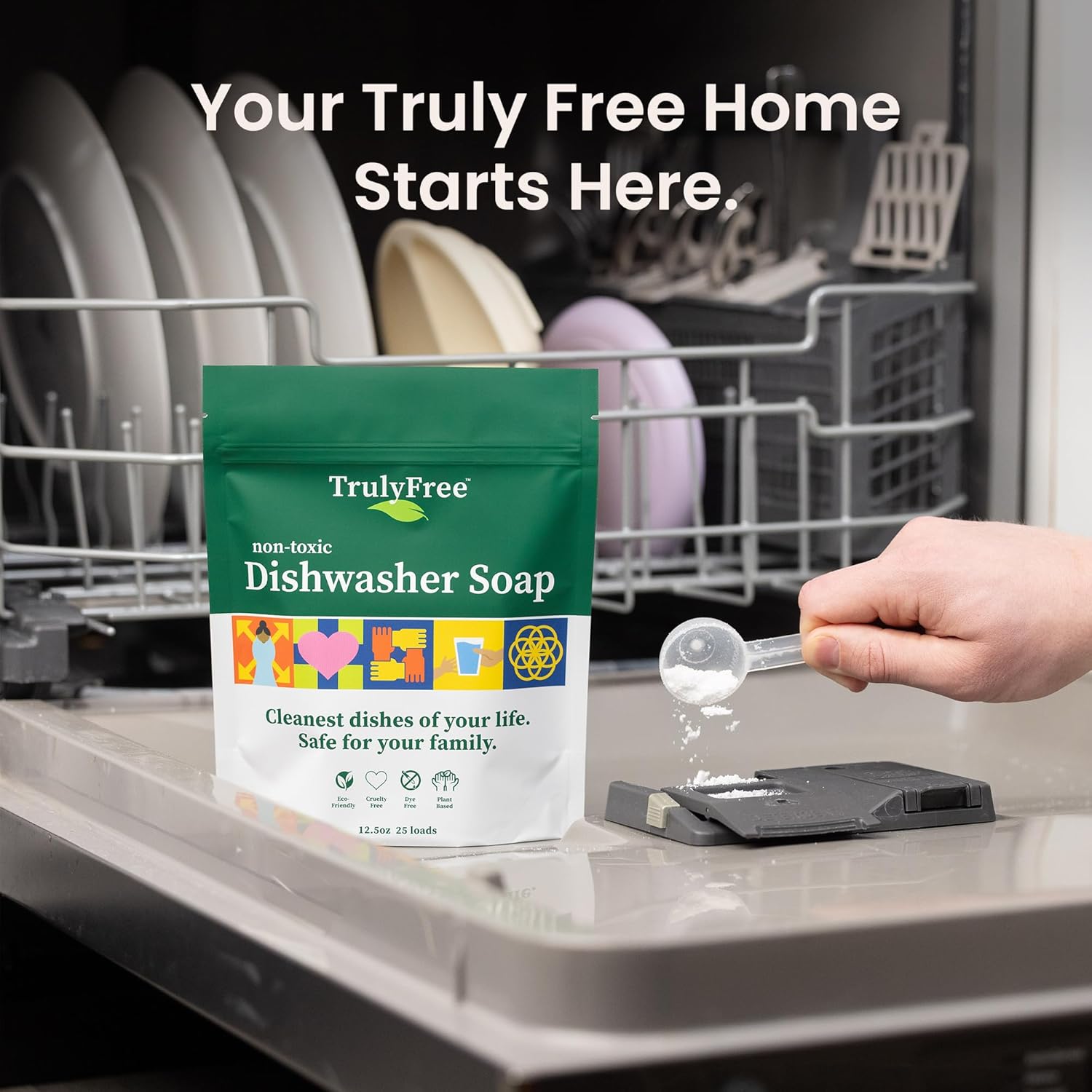 Truly Free Dishwasher Detergent Powder | Natural Dish Detergent, Dishwasher Soap | Plastic Free, Plant-Based, Clean, Heavy Duty Hard Water Stain & Grease Remover | Fragrance Free | 12.5 oz (Pack of 3)