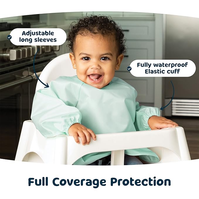 Tiny Twinkle Long Sleeve Bib for Babies & Toddlers – 2 Pack Waterproof Smock Bibs for Eating – Machine Washable & Mess-Proof, Baby Feeding Essential & Shower Must-Have (Sage Charcoal,6–24M)