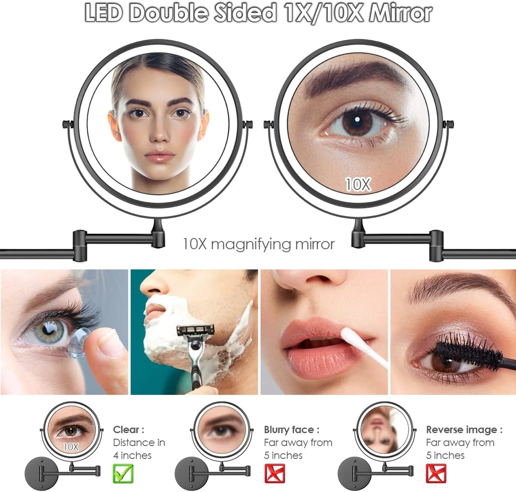 Rocollos 9" Wall Mounted Lighted Makeup Mirror, Large Double Sided 1X/10X Magnifying Mirror, 3 Color LED Vanity Mirror, Touch Dimmable 360° Swivel Light Up for Bathroom