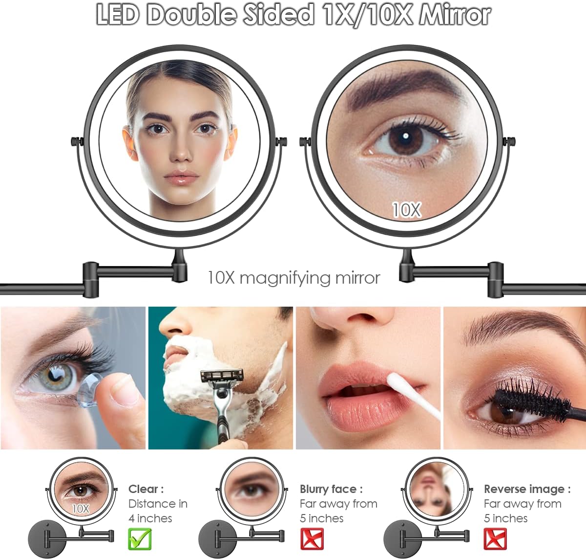 Rocollos 9" Wall Mounted Lighted Makeup Mirror, Large Double Sided 1X/10X Magnifying Mirror, 3 Color LED Vanity Mirror, Touch Dimmable 360° Swivel Light Up for Bathroom