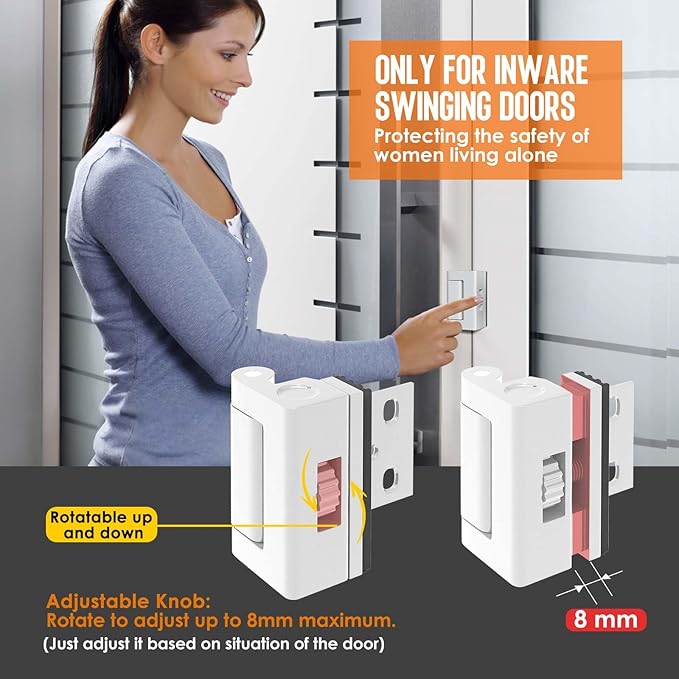 Home Security Door Reinforcement Lock - 800lbs Force Child Proof Flip Lock, Anti-Kick Portable Door Lock for Apartments & Travel, Extra Safety for Inward Swinging Doors from Inside (White-1set)