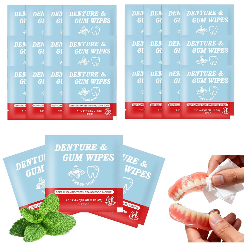 Denture Cleaner Wipes Disposable Teeth Gum Retainer Wipe Oral Care, Tooth Gums Cleaning Dental Dentures Tablets, Denture Adhesive Food Debris Braces Stain Odor Remover for Adults Elderly Mint 100 Pcs