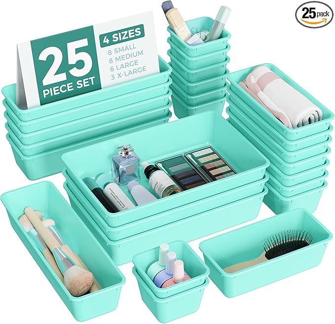 25 PCS Plastic Drawer Organizers Set, 4-Sizes Vanity and Makeup Organizer, Desk and bathroom Drawer Organizer Trays, Organizers and Storage for Makeup, Jewelry, Gadgets, Utensils (Blue)