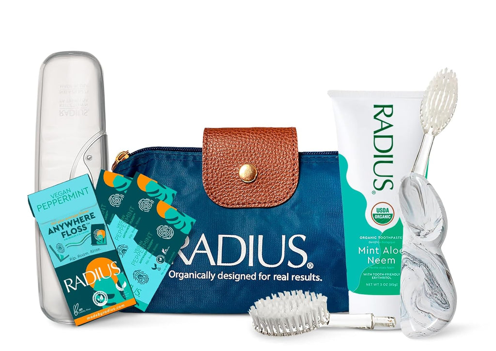 RADIUS Big Clean Deluxe Oral Care Gift Set (Big Brush With Replaceable Head Right Hand, Mint Aloe Neem Organic Toothpaste, Vegan Xylitol Mint Floss, Travel Case), 1 Count