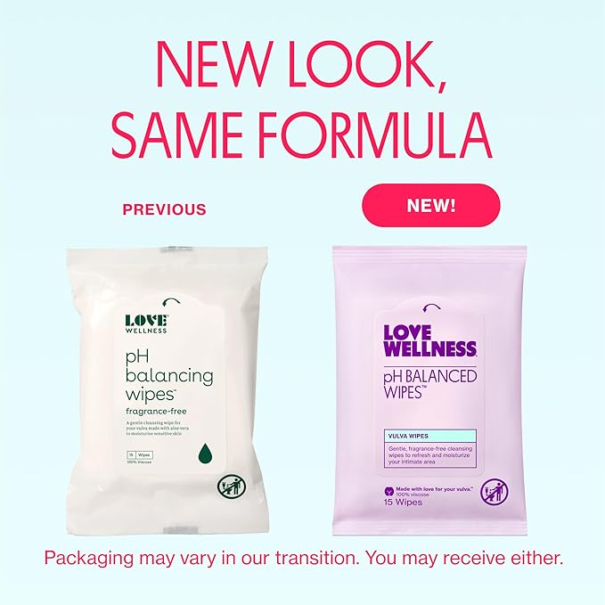 Love Wellness pH Balancing Wipes for Women | Feminine Hygiene for Cleansing with Aloe Vera | Fragrance-Free Intimate Health | Moisturizing, Soothing & Calming for Sensitive Skin | Travel Size | 2-Pack