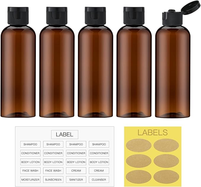 LISAPACK 3.4 oz Travel Bottles for Toiletries, Plastic Travel Size Containers for Shampoo Conditioner TSA Approved, Empty Small Squeeze for Lotion, Leak Proof Mini Liquid Tube for Refillable Brown