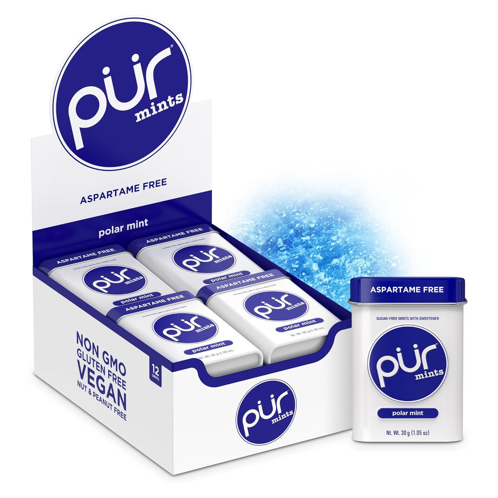 PUR Mints | Aspartame-Free | Made with Xylitol | Sugar-Free, Vegan, Gluten-Free & Keto Friendly | Natural Polar Mint Flavor, 30 Pieces (Pack of 12)