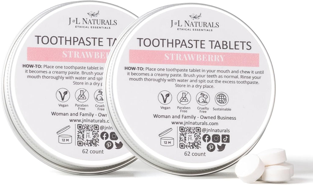 J&L Naturals Toothpaste Tablets | 62-Pack Travel-Friendly Toothpaste | Fluoride + Plastic Free, Vegan, Cruelty Free, Sustainable | Woman-Owned Small Business (Strawberry, 62 Count (Pack of 2))
