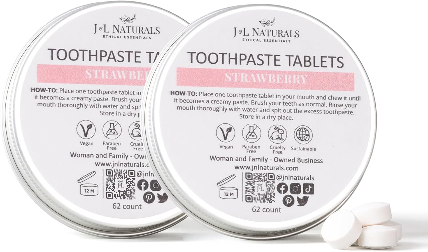 J&L Naturals Toothpaste Tablets | 62-Pack Travel-Friendly Toothpaste | Fluoride + Plastic Free, Vegan, Cruelty Free, Sustainable | Woman-Owned Small Business (Strawberry, 62 Count (Pack of 2))