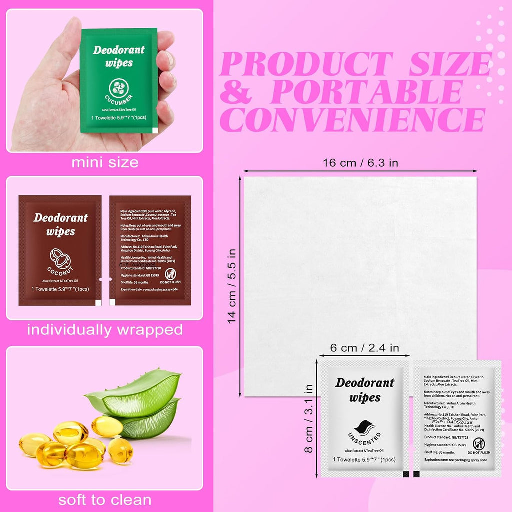 Travel Deodorant Wipes Individually Wrapped,Body Wipes to Clean Skin for Women Men（Lavender,Unscented, Coconut Cucumber,pack of 40)
