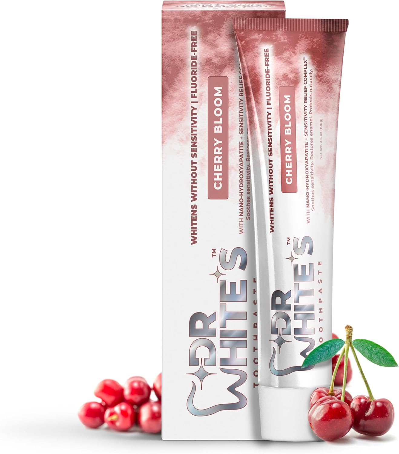 Dr. White’s Fluoride-Free nHA Toothpaste; Dentist-Formulated, Nano Hydroxyapatite + Xylitol, Sensitivity Relief Complex™, Mint-Free, Enamel Safe, Swallow-Safe (3.5 Oz, Cherry Bloom)