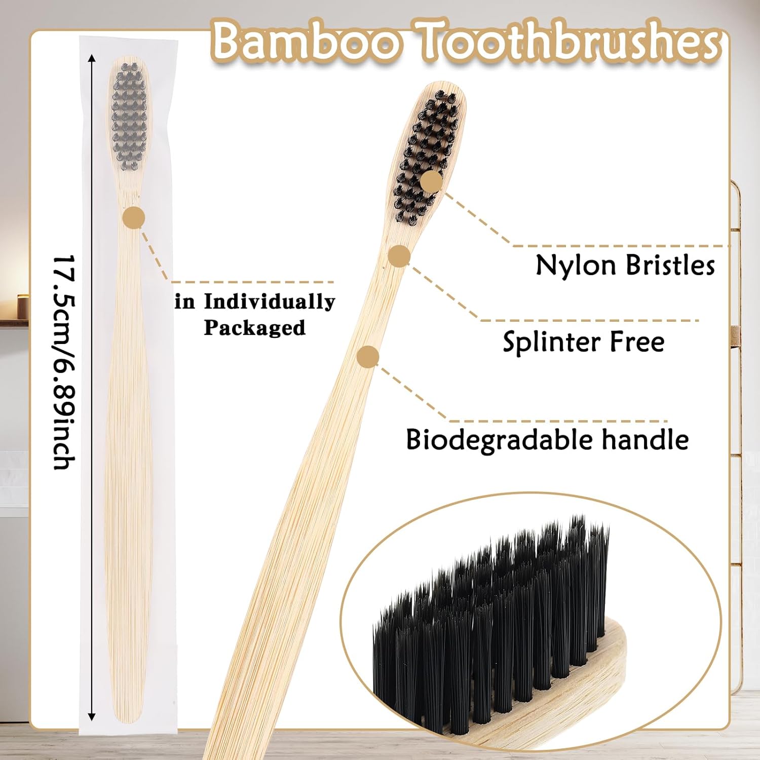 Vesici 200 Pcs Bamboo Toothbrushes Bulk Soft Bristles Toothbrushes with Micro Fur Ultra Wooden Bamboo Teeth Brush Manual for Adults Travel Family Hotel Individually Packaged (Black,Pink,Green,Blue)