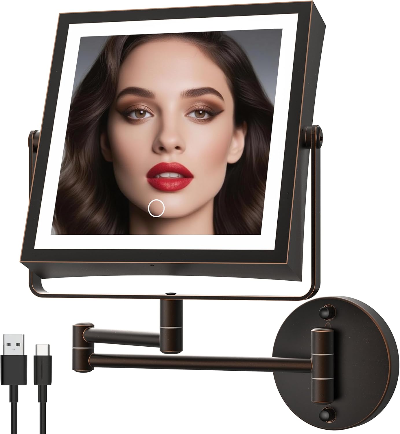 Rechargeable Wall Mounted Makeup Mirror with Lights, 4000mAh Double Sided 1X/10X Magnifying Vanity Mirror with 3 Color Lights, Touch Dimmable, 360° Extension Foldable Arm(Oil Rubbed Bronze