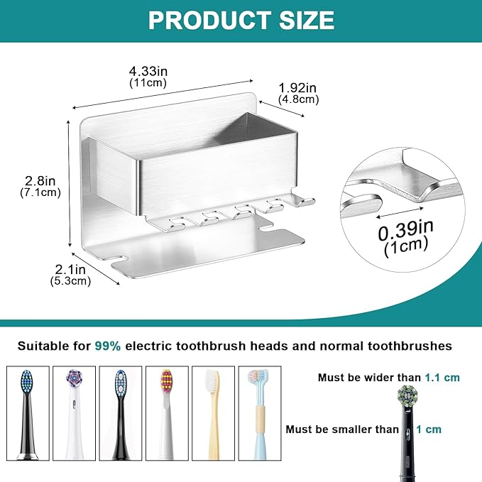 Toothbrush Head Holders, Electric Tooth Brush Head Holder, Adhesive Toothpaste Holder for Shower Bathrooms, Wall Mounted Tooth Brushing Holder Organizer Storage (Silver, Small)