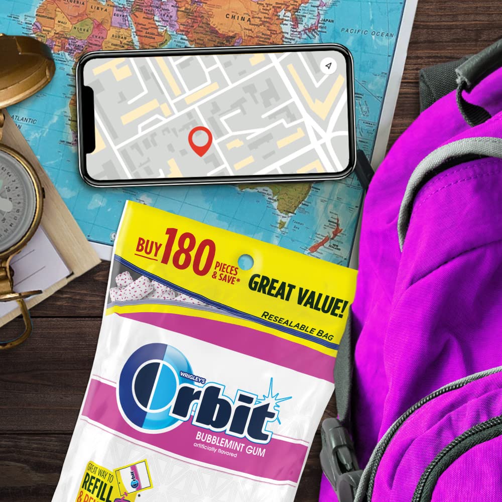 ORBIT Gum Bubblemint Sugar Free Chewing Gum Bulk, 180 Piece Resealable Bag, Bubble Gum Bulk