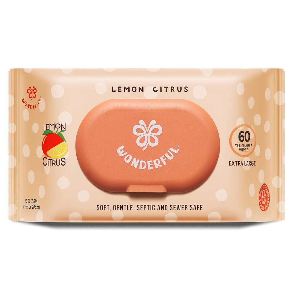 WONDERFUL Flushable Butt Wipes, Lemon Citrus 100% Plant-Based Wet Wipes for Adults & Kids; Sewer, Septic Safe; Gentle for Sensitive Skin, Wipes Flushable Pack for Bathroom & Travel, 1-Pack (60 Wipes)