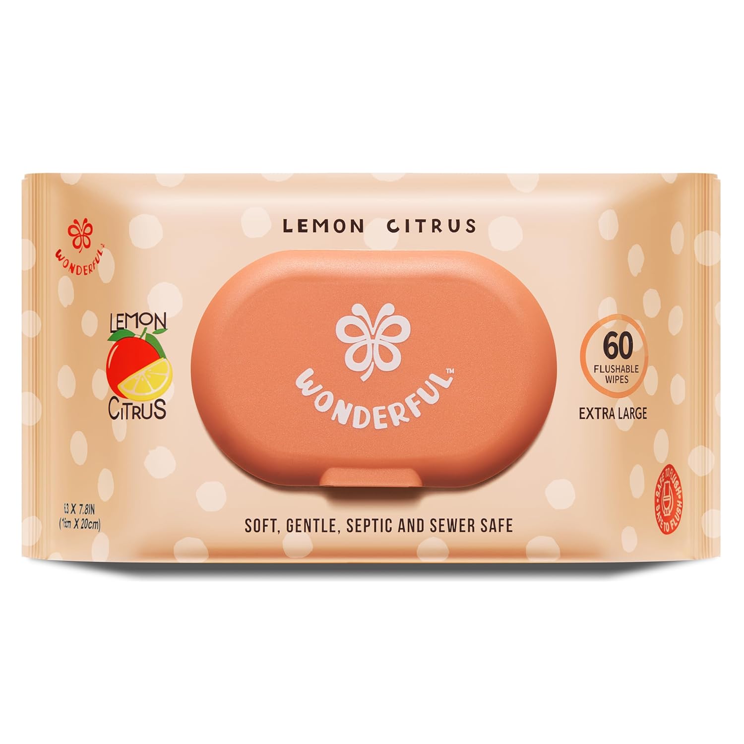 WONDERFUL Flushable Butt Wipes, Lemon Citrus 100% Plant-Based Wet Wipes for Adults & Kids; Sewer, Septic Safe; Gentle for Sensitive Skin, Wipes Flushable Pack for Bathroom & Travel, 1-Pack (60 Wipes)