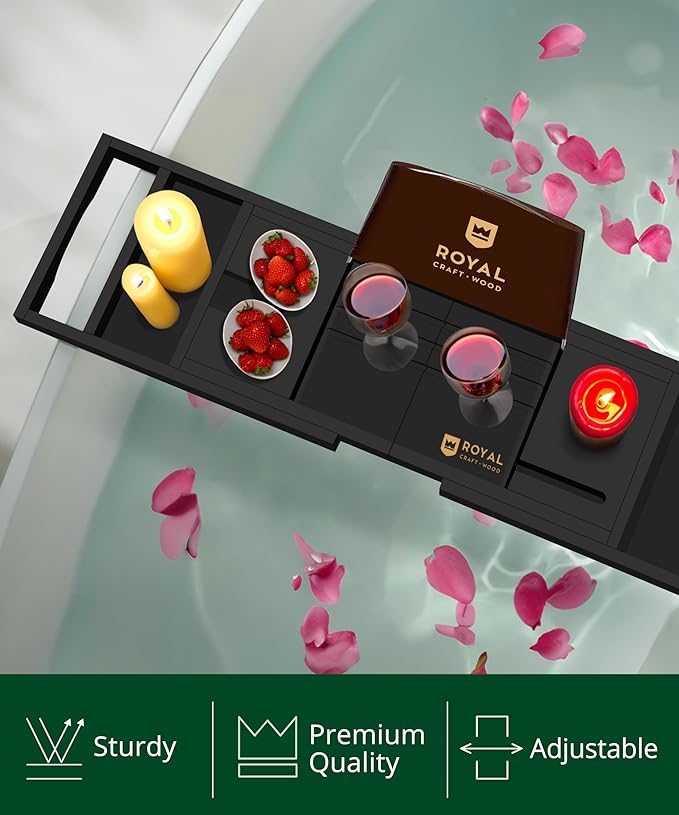 ROYAL CRAFT WOOD Premium Foldable Bathtub Tray - Wood Bath Tray for Tub, Bamboo Shelf, Expandable Bath Table Trays, Bathtub & Bathroom Accessories for New Home & Mothers Day & Birthday Gifts for Mom