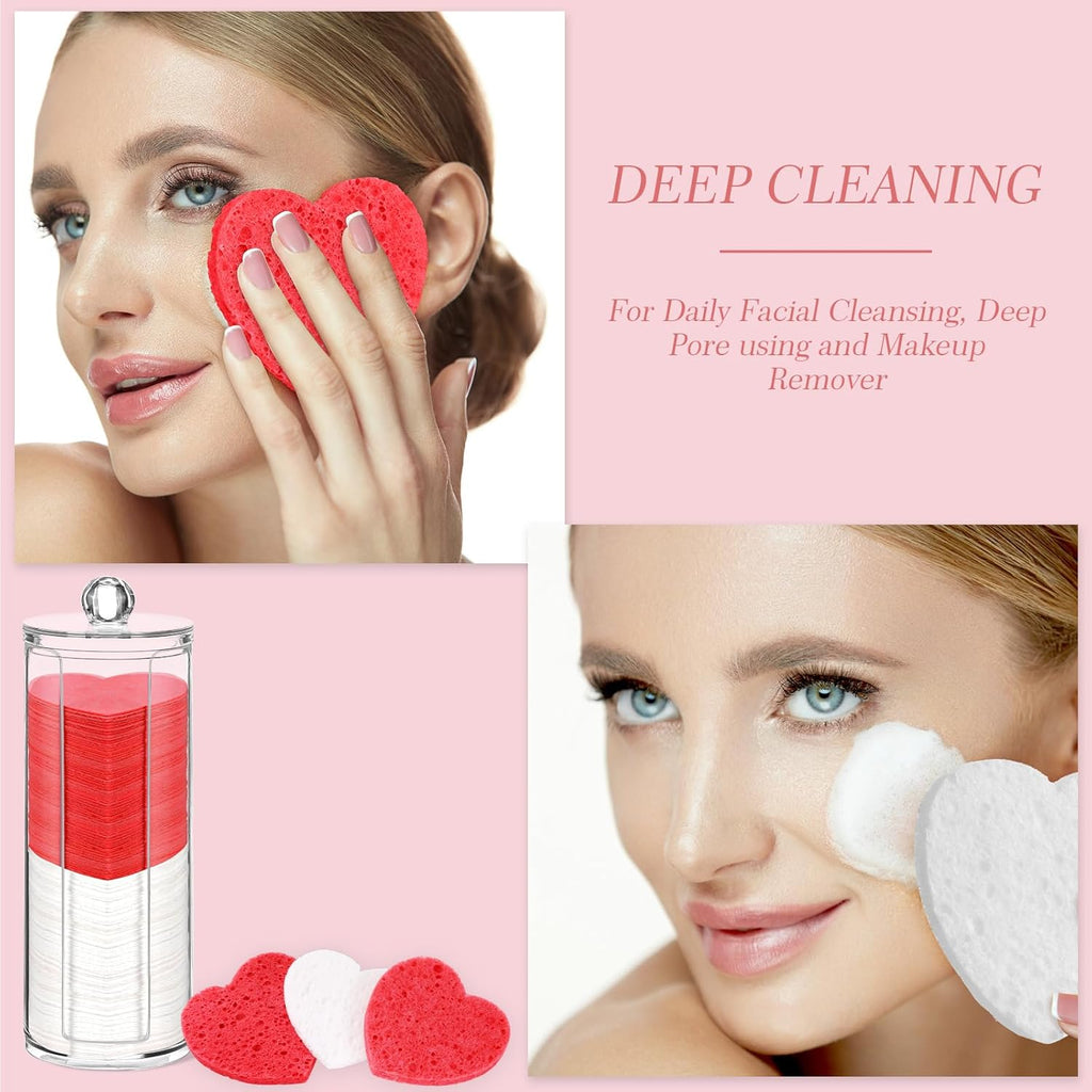 Sieral 120 Pcs Compressed Facial Sponges with Container Disposable Face Sponge Pads for Washing Face Cleansing Exfoliating Esthetician Makeup Removal (Heart,Red, White)