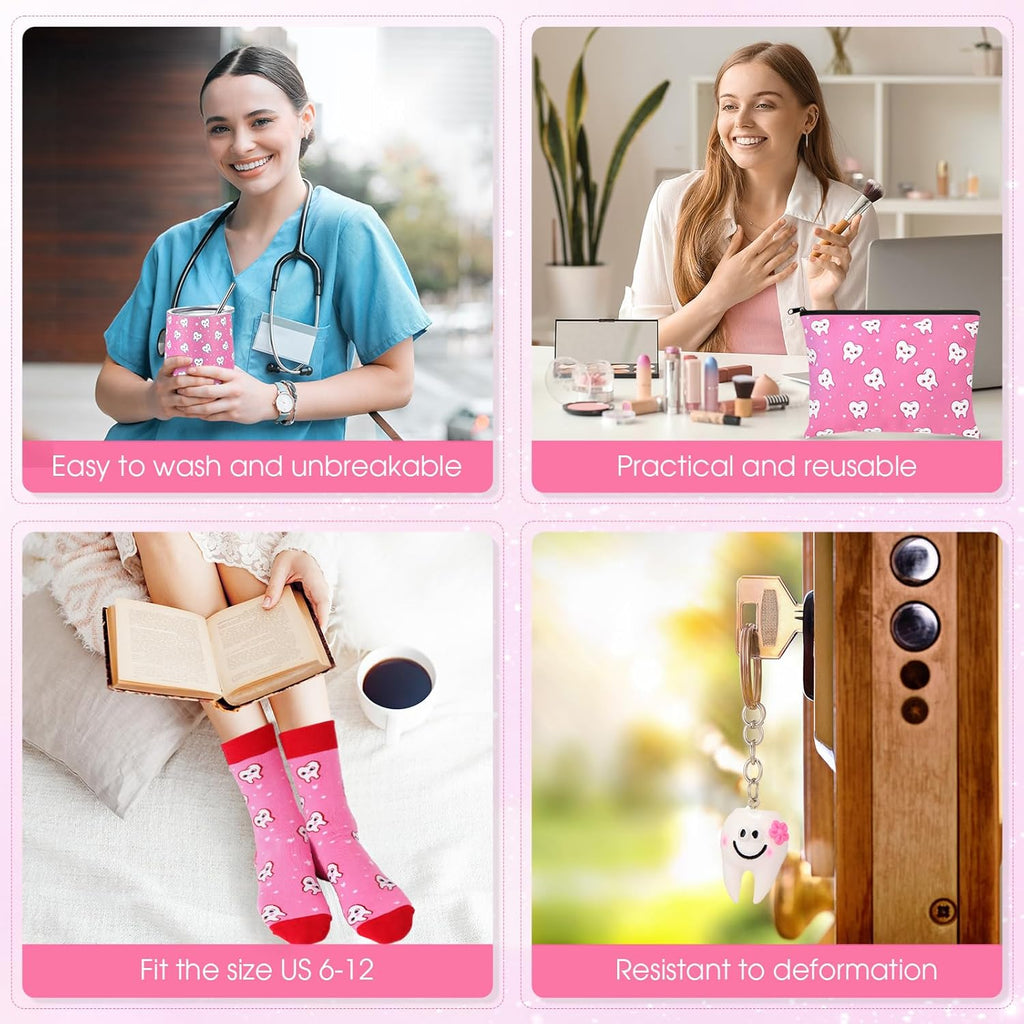 Sliner 4 Pcs Dental Assistant Gifts Set 12 oz Pink Teeth Stainless Steel Tumbler Cosmetic Bag Tooth Shape Keychain Novelty Tooth Sock Dental Hygienist Gifts for Nurse Dentist Christmas Graduation