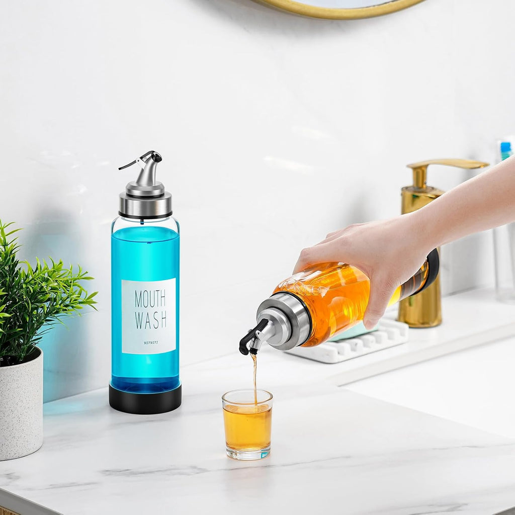 VITVITI Mouthwash Dispenser for Bathroom, Glass Mouth Wash Container with 2 Glass Cups, Press Lid 17OZ Clear Refillable Mouthwash Bottle Decanter with Silicone Pad/Labels, Set of 2