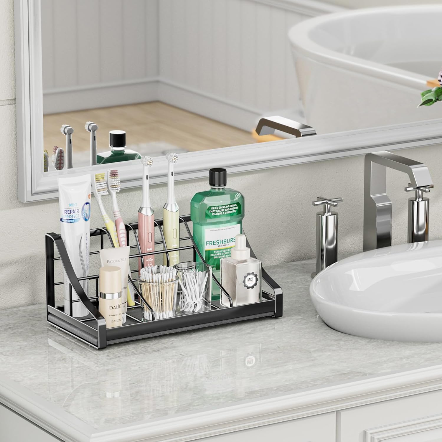 Toothbrush Holder Instant-Dry Organizer - Bathroom Countertop Organizer Kids Electric Toothbrush Toothpaste Holders - 7 Slots Bathroom Sink Accessories Storage Tooth Brush Counter Organization, Black