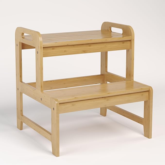 Step Stool for Kids Bamboo Toddler Two Steps Stool with Anti-Slip and Handles Stairs 300 lbs Capacity for Bathroom Kitchen Bedroom(Natural)