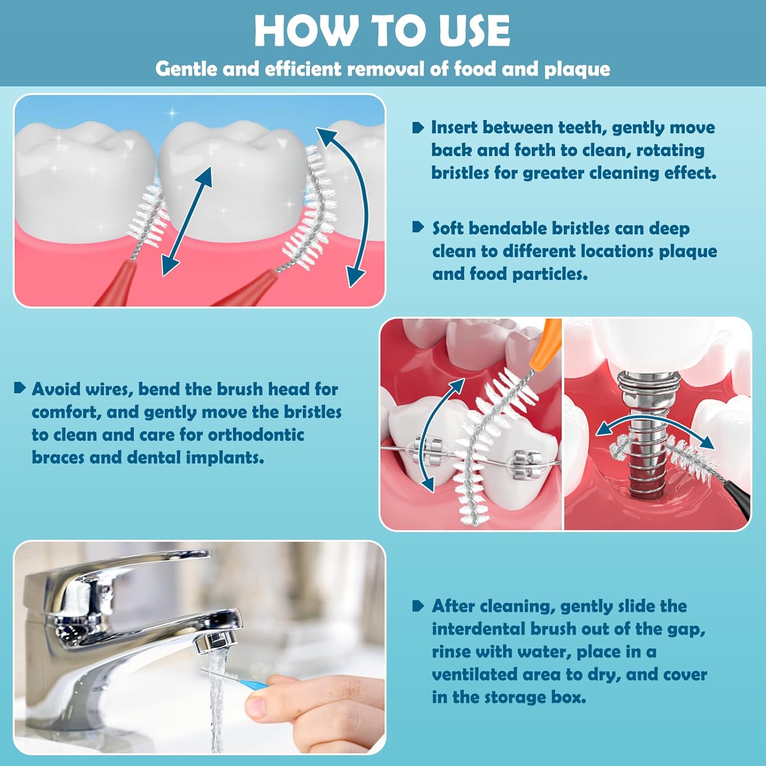 120 Pieces Interdental Brushes Between Teeth, Braces Toothbrush Flossers Cleaner Dental Floss Picks for Teeth Braces Orthodontic Hygiene Cleaning Tools (Bright Colors, Multiple Sizes)