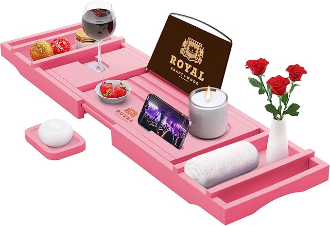 ROYAL CRAFT WOOD Non-Foldable Bathtub Tray - Wood Bath Tray for Tub, Bamboo Bathtub Shelf, Expandable Bath Table Trays, Luxury Bathroom Accessories for New Home & Unique Gift for Women