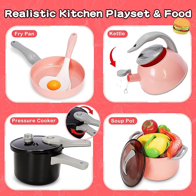 168Pcs Kids Play Kitchen Accessories Toy Set, Pretend Cooking Food Playset with Induction Cooktop, Pot, Pan, Utensils, Cutting Fruit, Prop Money & Shopping Basket, Learning Gifts for Toddler Girl Boy