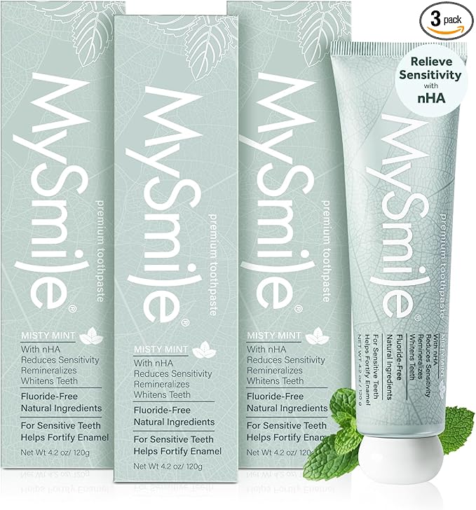 MySmile Fluoride Free Nano Hydroxyapatite Toothpaste for Sensitive Teeth, Strengthens Enamel, Remineralizes & Whitens Teeth, Freshens Breath for Adults, SLS Free, Misty Mint, 4.2 oz