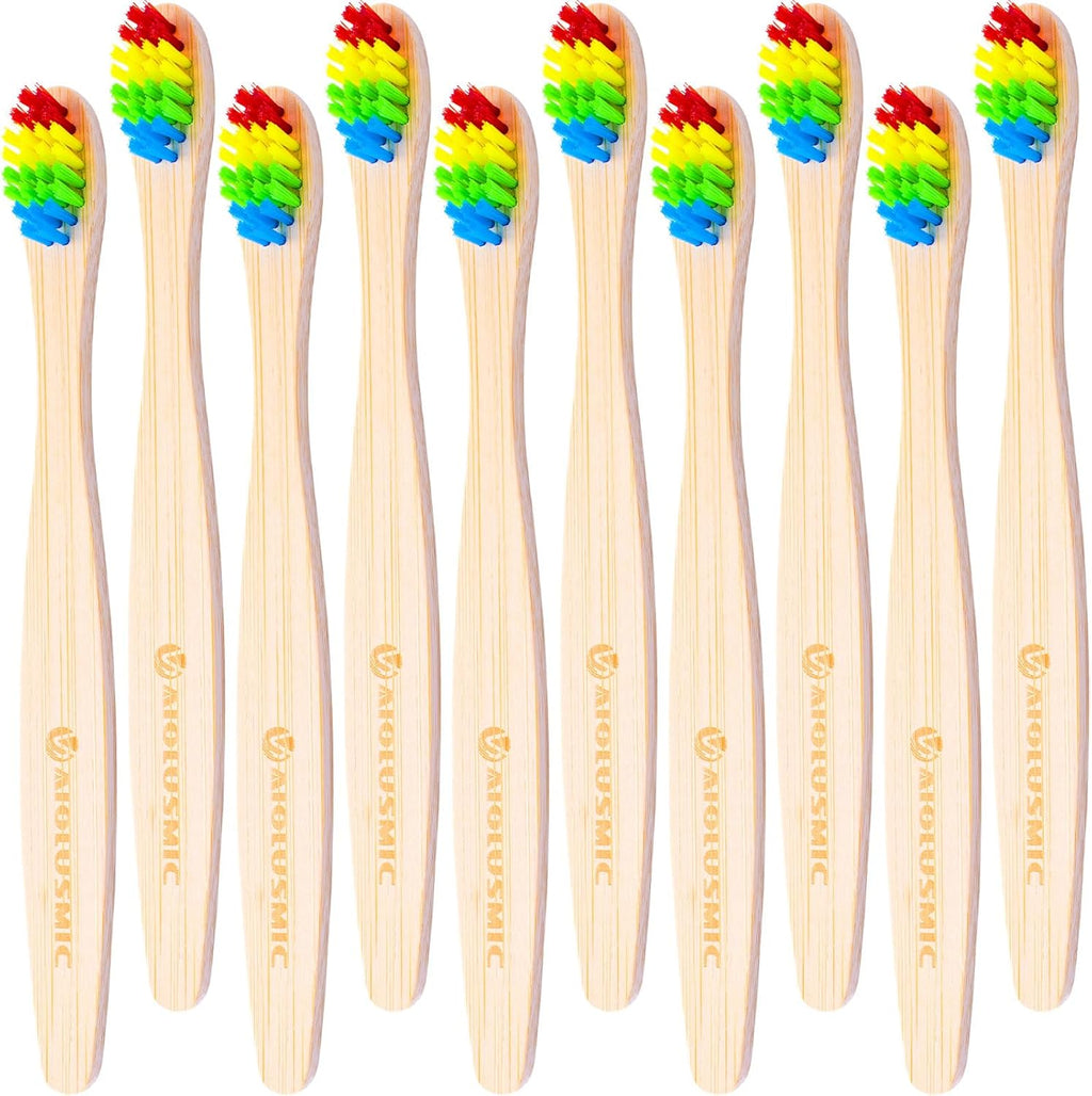Eco-Friendly Bamboo Toothbrushes for Kids, 10 Pack Medium Bristles Rainbow, Biodegradable Natural Bamboo Handle,Plastic-Free & Sustainable Oral Care for Children